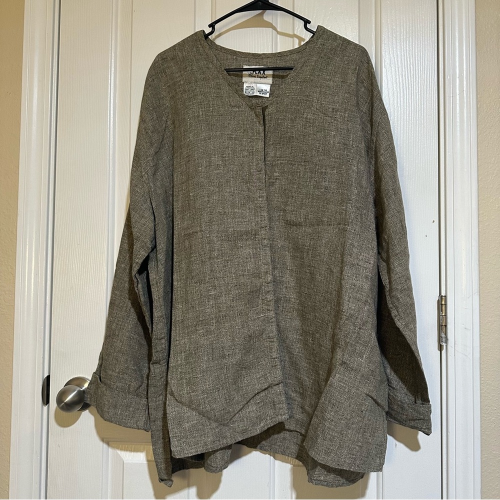FLAX by Jeanne Engelhart 100% Linen Long Sleeve Blouse Tunic Top.